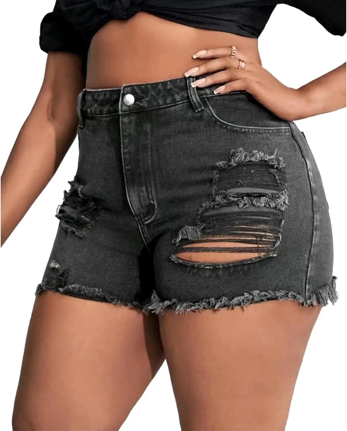 MapleHub Plus Size Women's Ripped Denim Jean Shorts High Waisted Stretchy Folded Hem Short Jeans