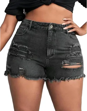 MapleHub Plus Size Women's Ripped Denim Jean Shorts High Waisted Stretchy Folded Hem Short Jeans