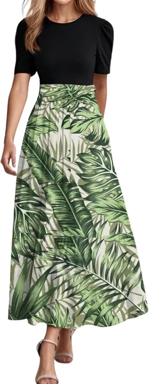 Maxi Dresses for Women 2025 Elegant Boho Tie Belted Patchwork Empire Waist Short Sleeve Modest Flowy Long Dresses