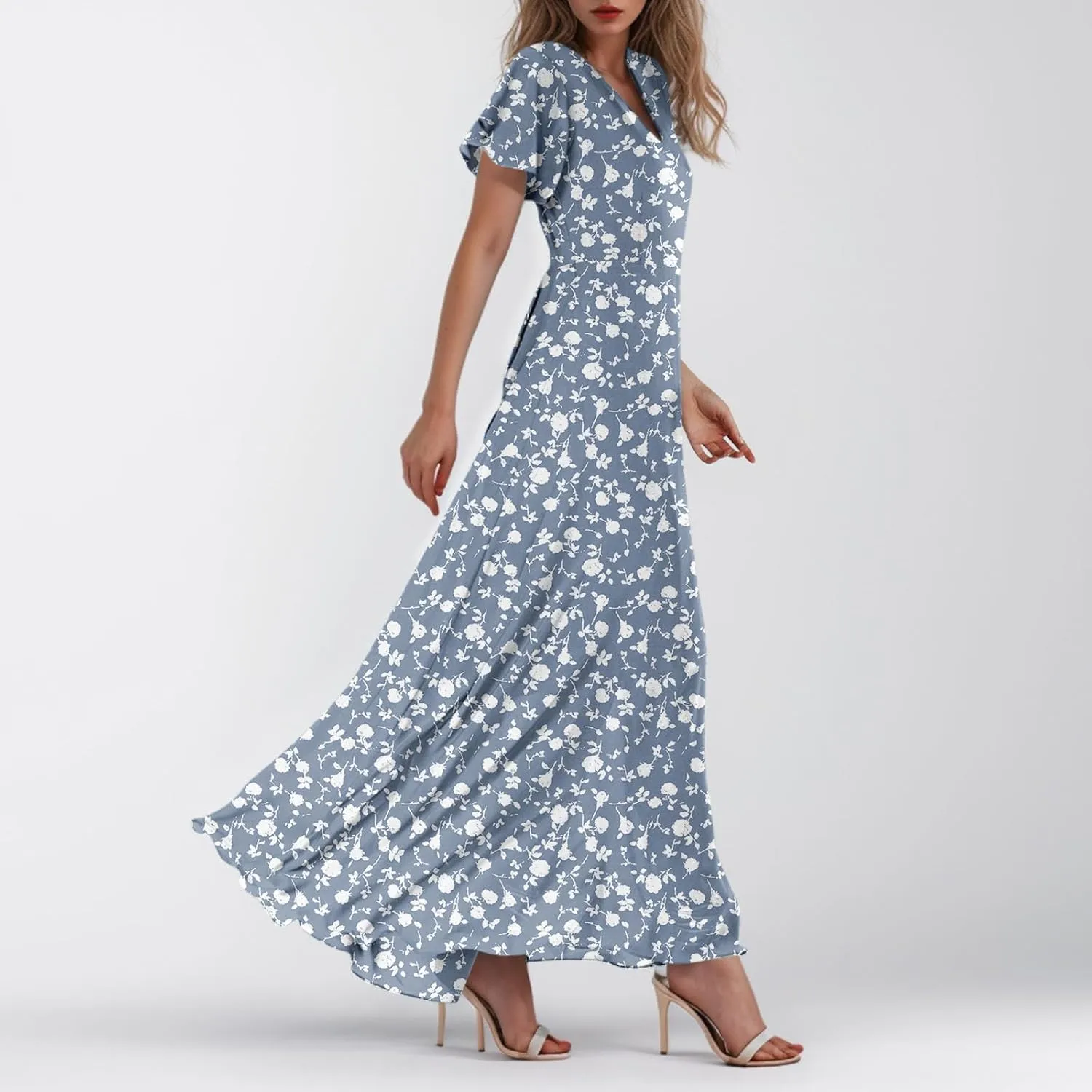 Maxi Dresses for Women 2025,Wedding Guest Spring Summer Dresses for Women Flowy Petite Floral Dress Short Sleeve