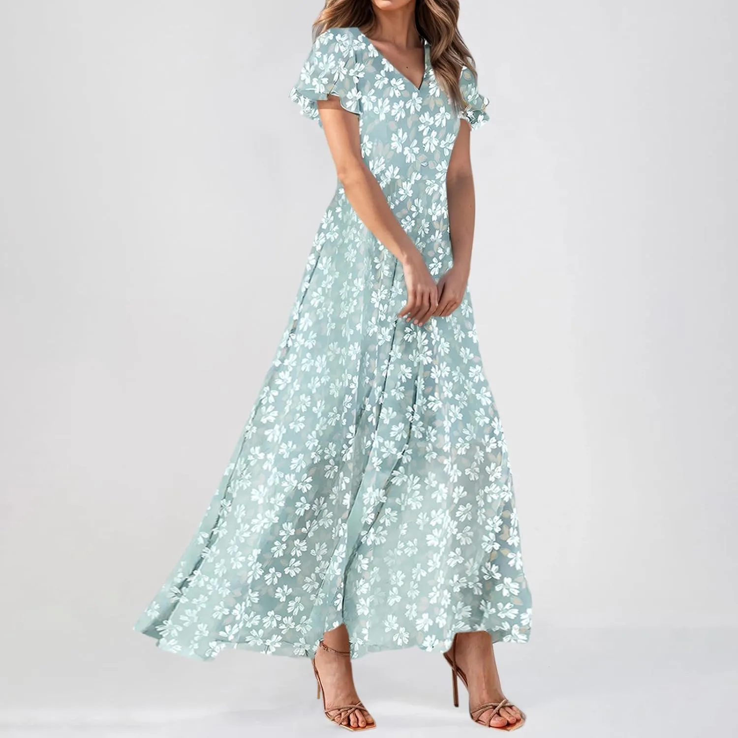 Maxi Dresses for Women 2025,Wedding Guest Spring Summer Dresses for Women Flowy Petite Floral Dress Short Sleeve