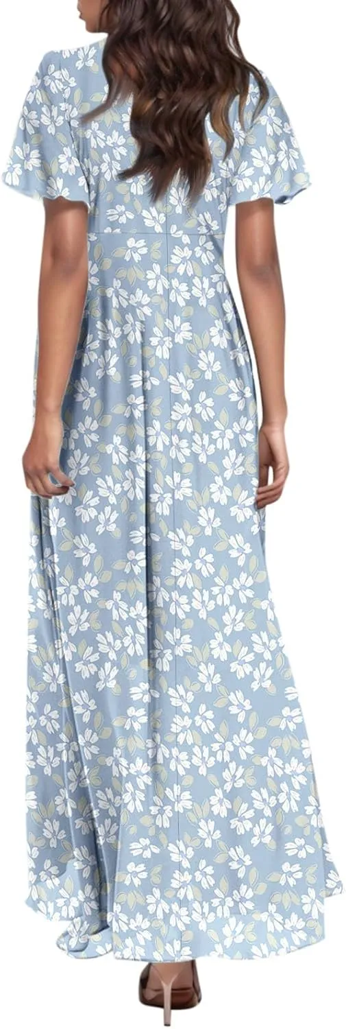 Maxi Dresses for Women 2025,Wedding Guest Spring Summer Dresses for Women Flowy Petite Floral Dress Short Sleeve