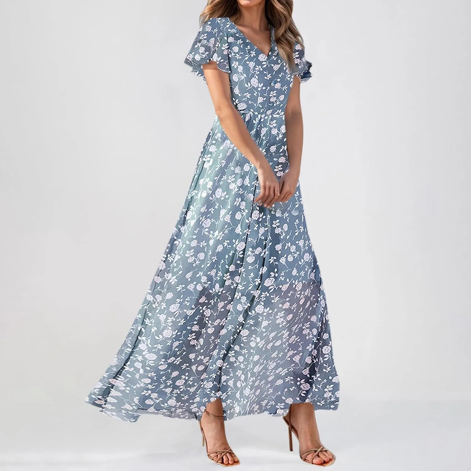 Maxi Dresses for Women 2025,Wedding Guest Spring Summer Dresses for Women Flowy Petite Floral Dress Short Sleeve