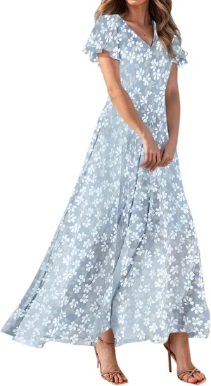 Maxi Dresses for Women 2025,Wedding Guest Spring Summer Dresses for Women Flowy Petite Floral Dress Short Sleeve