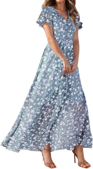 Maxi Dresses for Women 2025,Wedding Guest Spring Summer Dresses for Women Flowy Petite Floral Dress Short Sleeve
