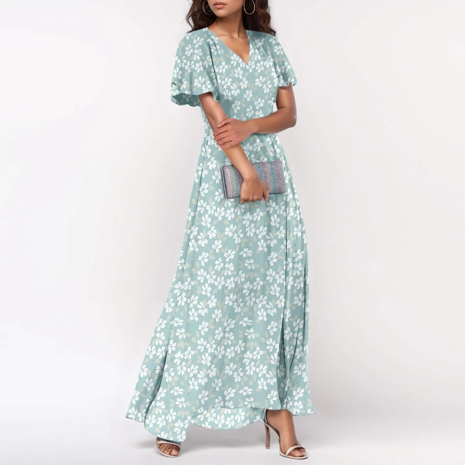 Maxi Dresses for Women 2025,Wedding Guest Spring Summer Dresses for Women Flowy Petite Floral Dress Short Sleeve