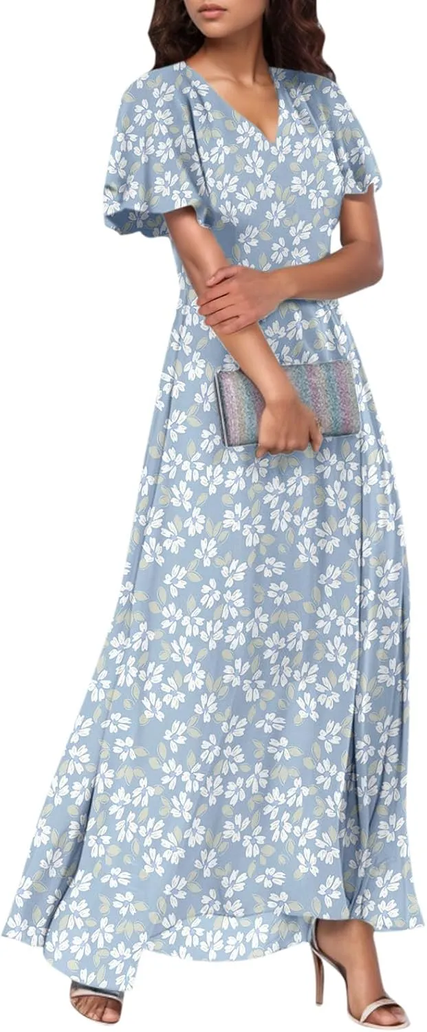 Maxi Dresses for Women 2025,Wedding Guest Spring Summer Dresses for Women Flowy Petite Floral Dress Short Sleeve