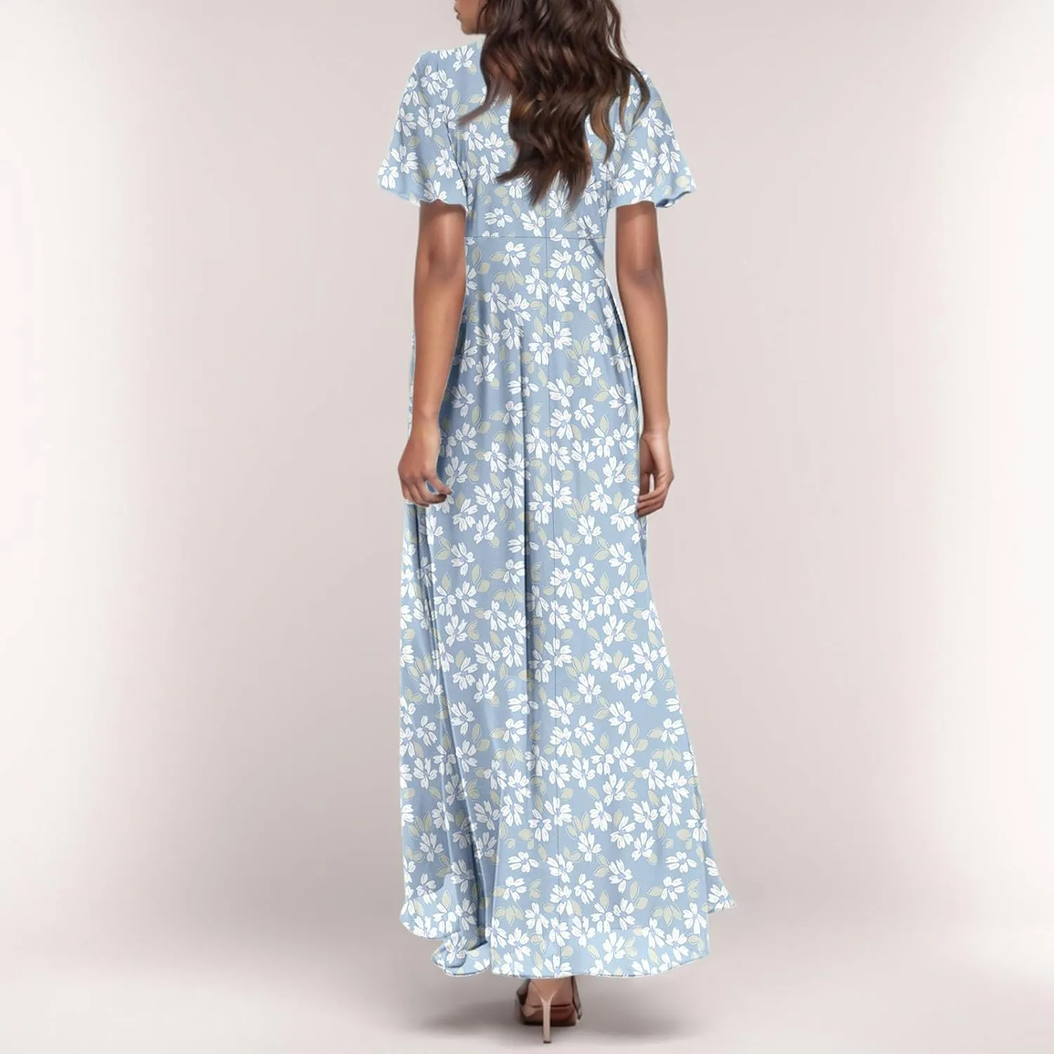 Maxi Dresses for Women 2025,Wedding Guest Spring Summer Dresses for Women Flowy Petite Floral Dress Short Sleeve