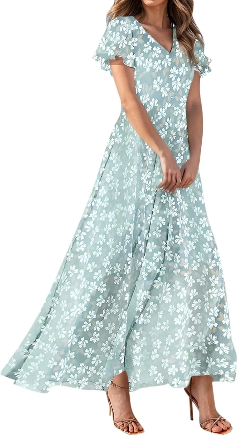 Maxi Dresses for Women 2025,Wedding Guest Spring Summer Dresses for Women Flowy Petite Floral Dress Short Sleeve