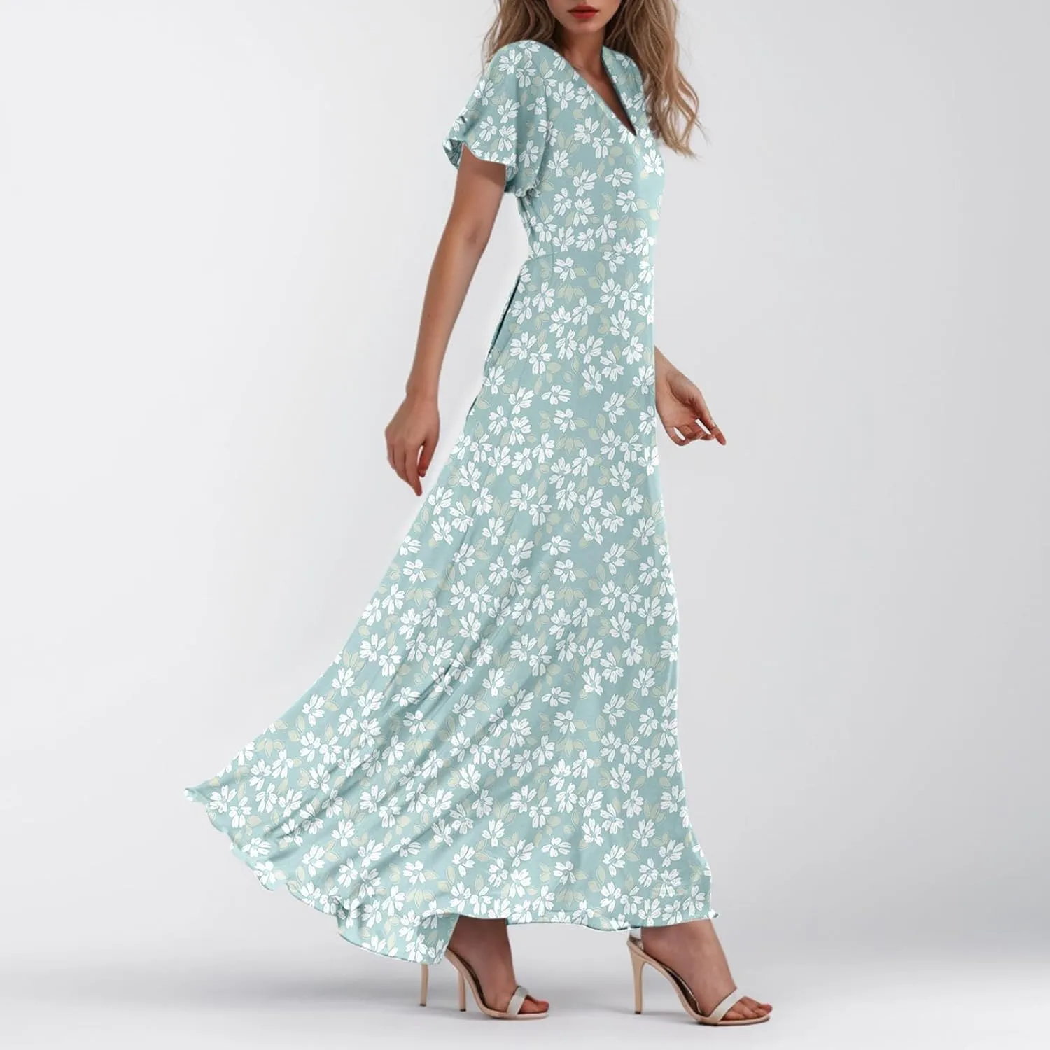 Maxi Dresses for Women 2025,Wedding Guest Spring Summer Dresses for Women Flowy Petite Floral Dress Short Sleeve