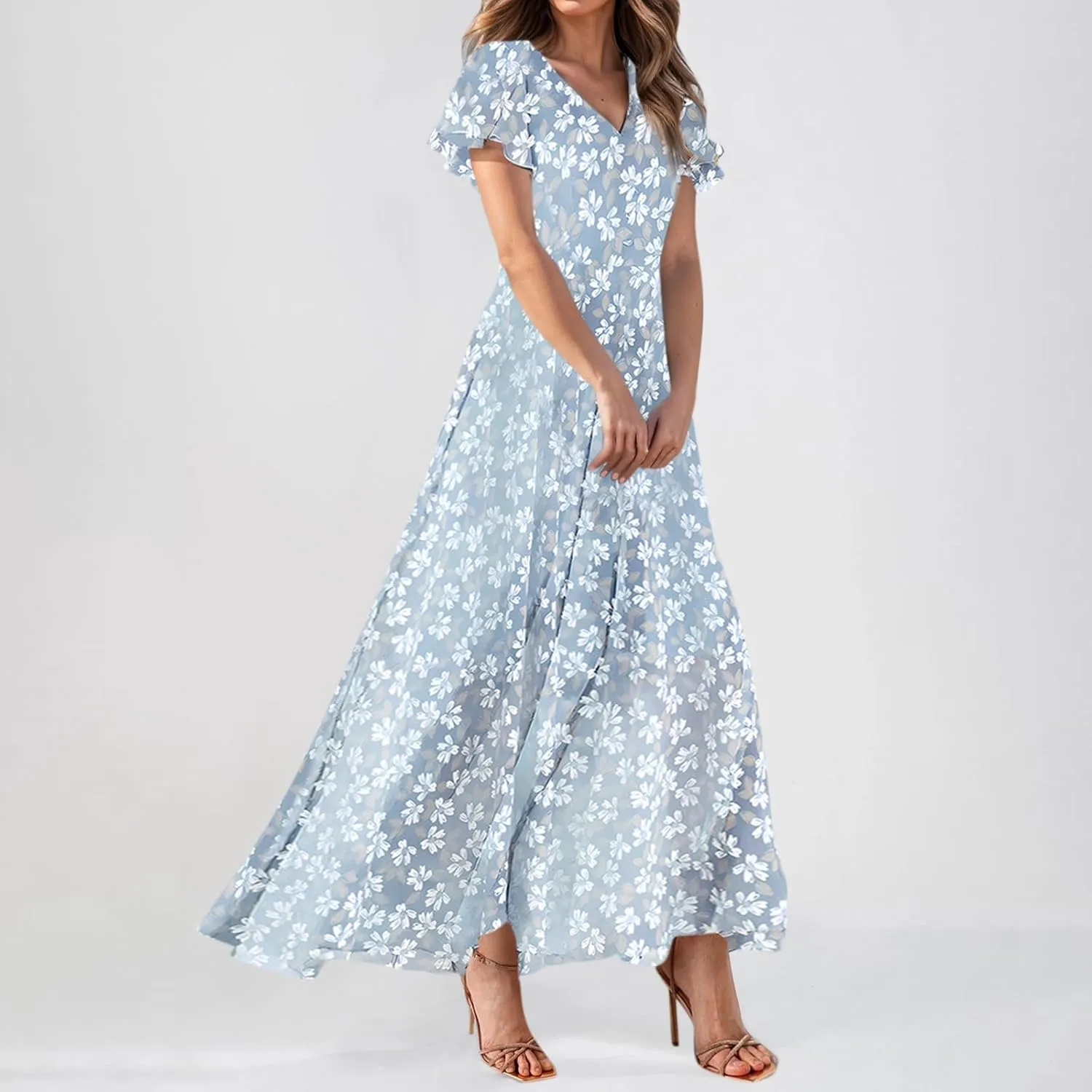 Maxi Dresses for Women 2025,Wedding Guest Spring Summer Dresses for Women Flowy Petite Floral Dress Short Sleeve