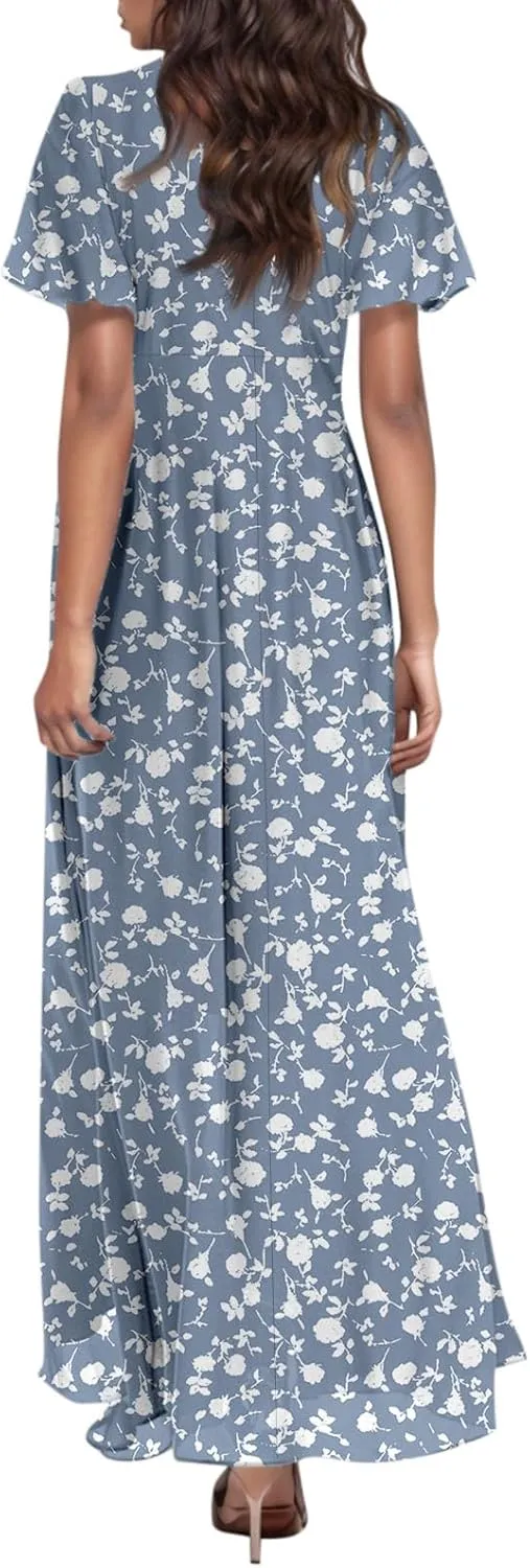 Maxi Dresses for Women 2025,Wedding Guest Spring Summer Dresses for Women Flowy Petite Floral Dress Short Sleeve