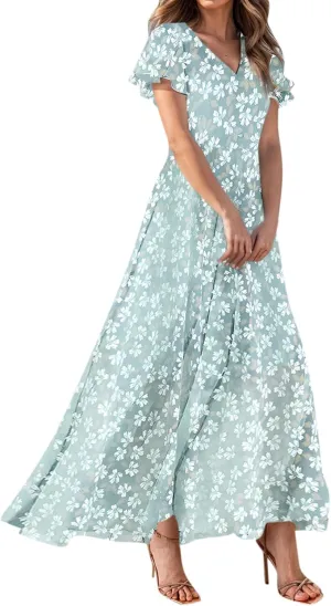Maxi Dresses for Women 2025,Wedding Guest Spring Summer Dresses for Women Flowy Petite Floral Dress Short Sleeve