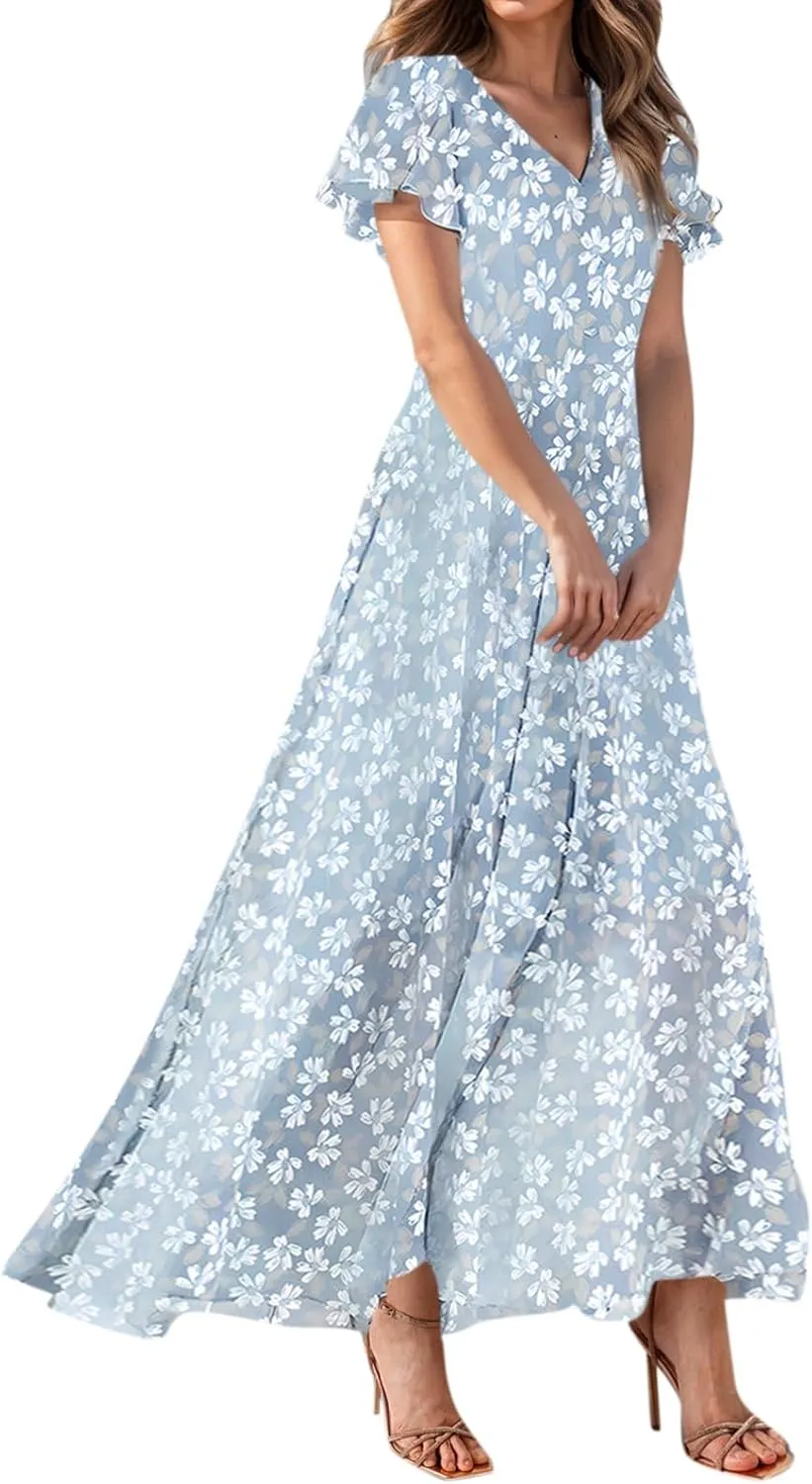 Maxi Dresses for Women 2025,Wedding Guest Spring Summer Dresses for Women Flowy Petite Floral Dress Short Sleeve