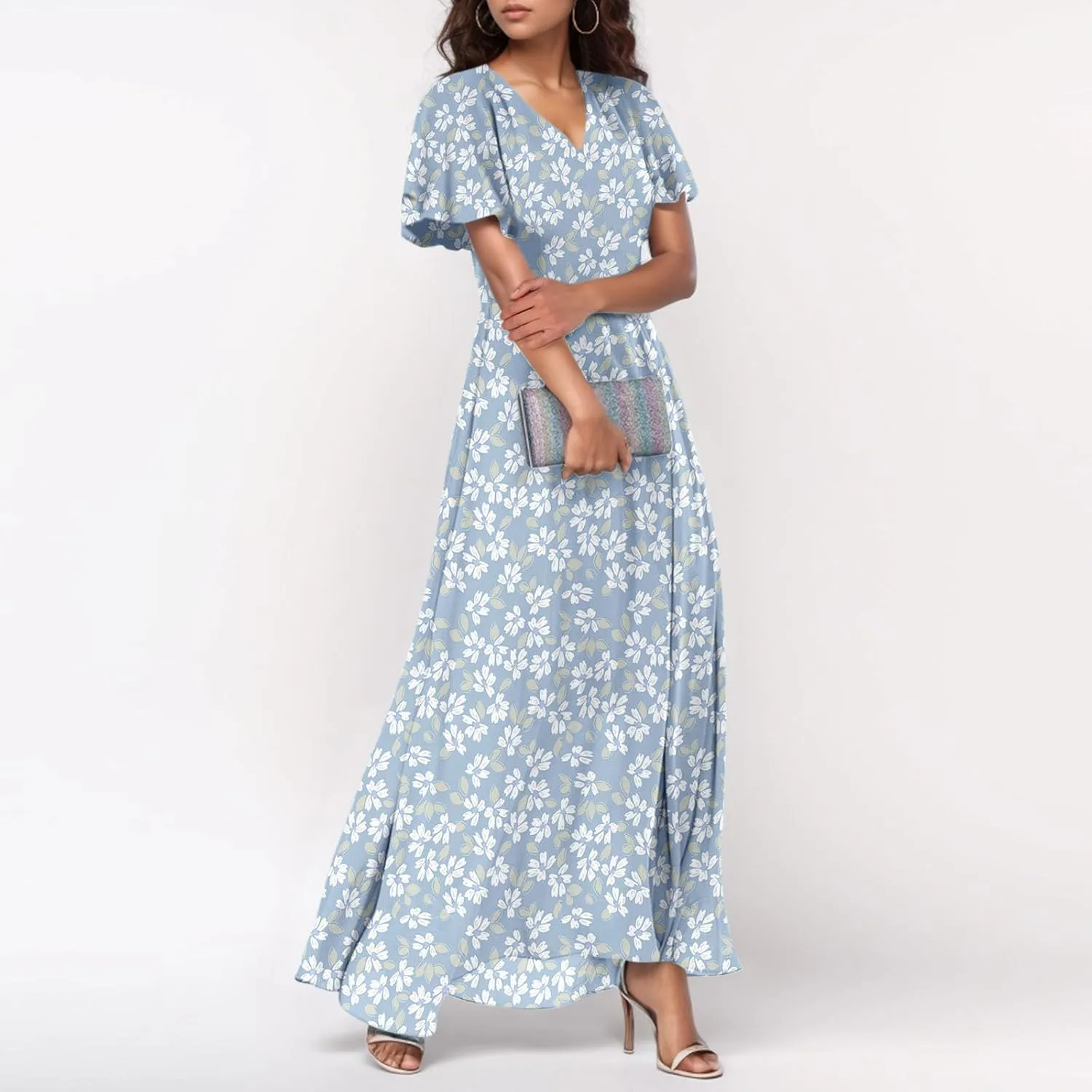 Maxi Dresses for Women 2025,Wedding Guest Spring Summer Dresses for Women Flowy Petite Floral Dress Short Sleeve