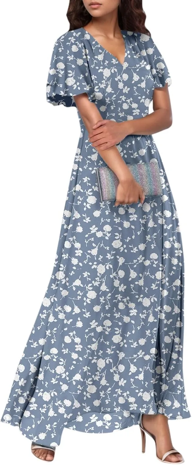 Maxi Dresses for Women 2025,Wedding Guest Spring Summer Dresses for Women Flowy Petite Floral Dress Short Sleeve