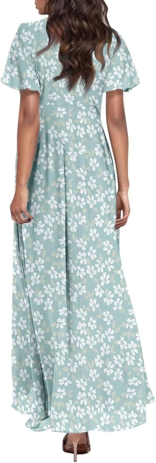 Maxi Dresses for Women 2025,Wedding Guest Spring Summer Dresses for Women Flowy Petite Floral Dress Short Sleeve