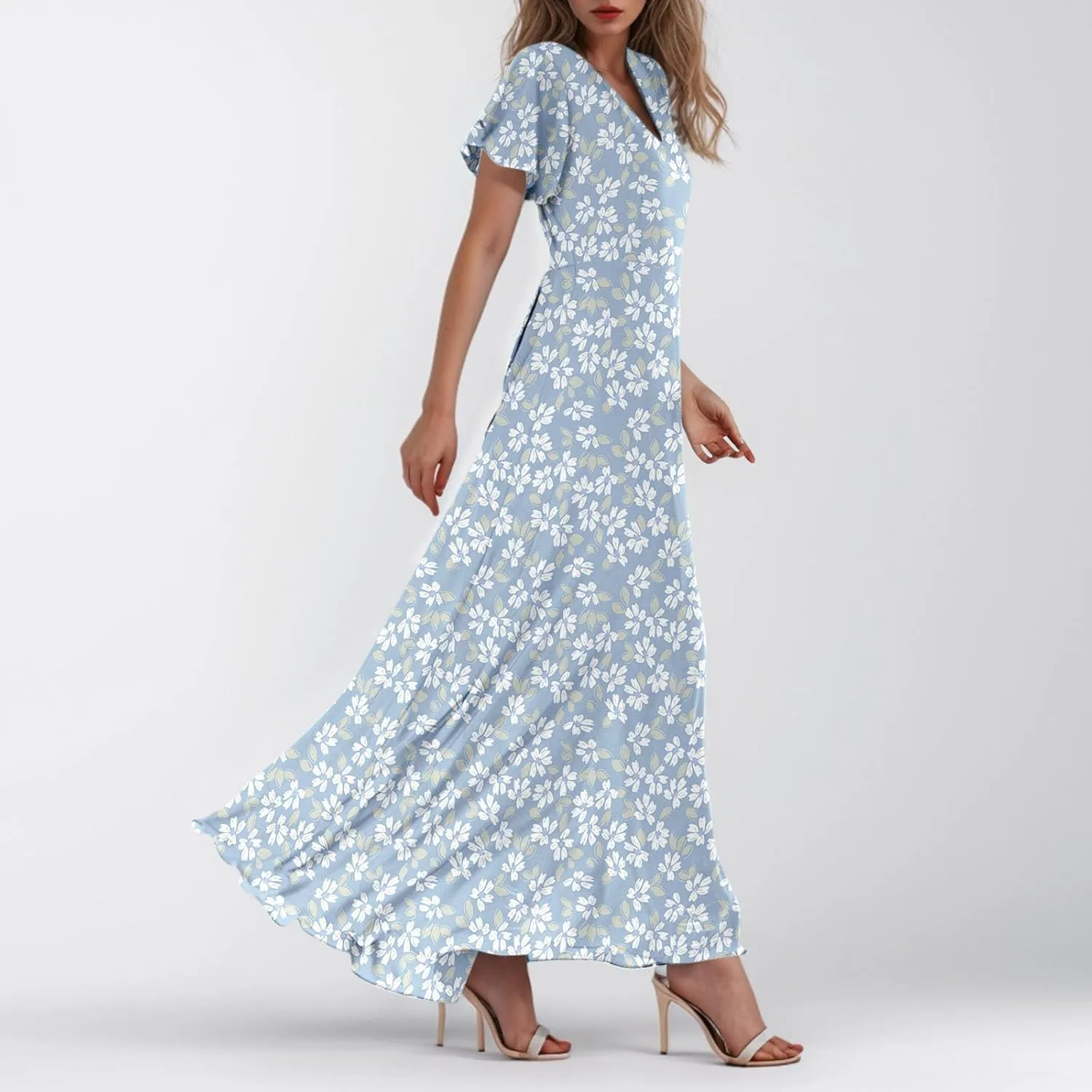 Maxi Dresses for Women 2025,Wedding Guest Spring Summer Dresses for Women Flowy Petite Floral Dress Short Sleeve