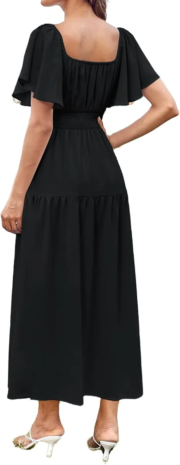 Maxi Dresses for Women Summer Short Sleeve Square Neck Dress Smocked Waist Casual Vacation Tiered Flowy Long Dress