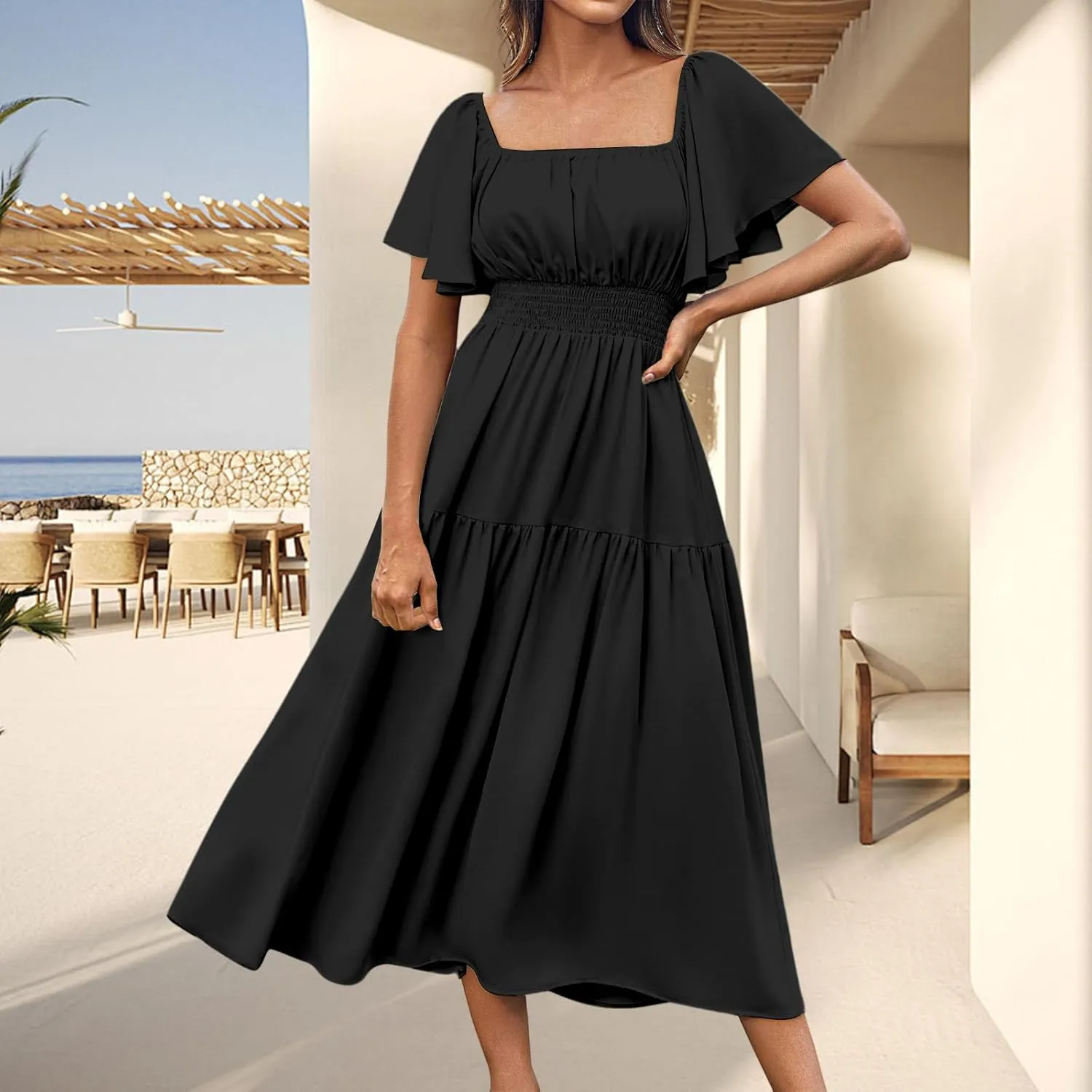 Maxi Dresses for Women Summer Short Sleeve Square Neck Dress Smocked Waist Casual Vacation Tiered Flowy Long Dress