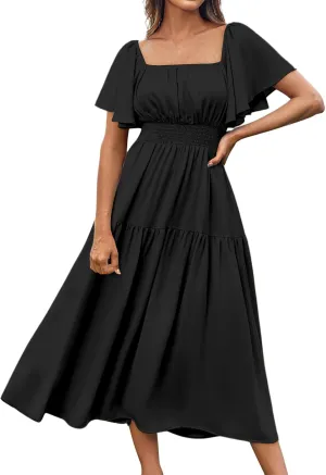 Maxi Dresses for Women Summer Short Sleeve Square Neck Dress Smocked Waist Casual Vacation Tiered Flowy Long Dress