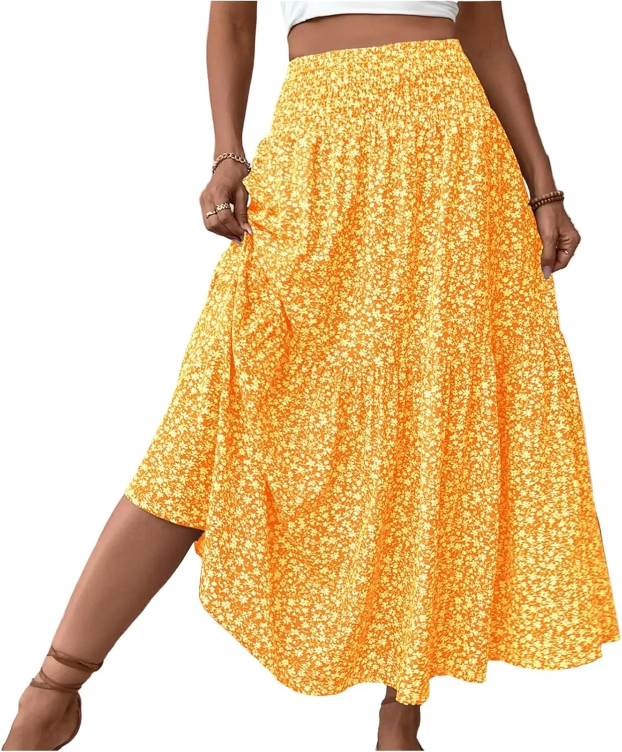 Maxi Floral Skirts for Women Smocked High Waisted Ruffle Tiered Summer Skirt with Pockets Beach Skirt for Vacation