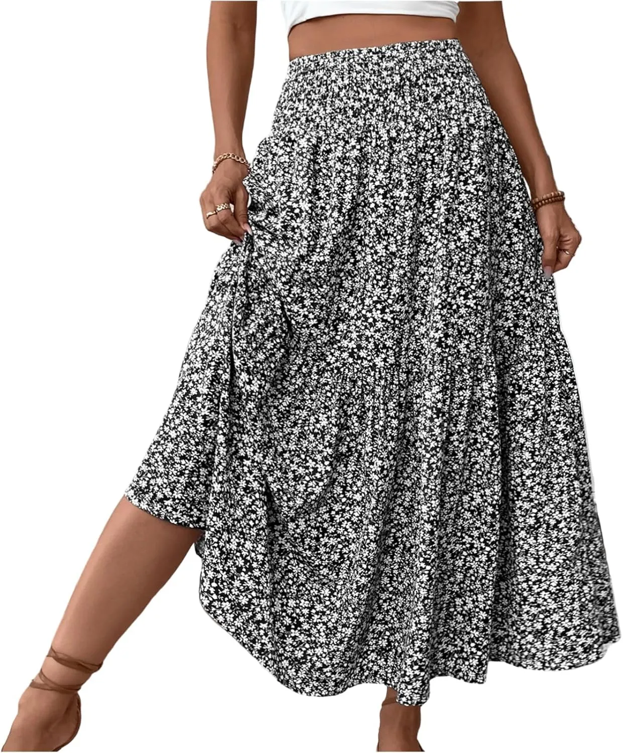 Maxi Floral Skirts for Women Smocked High Waisted Ruffle Tiered Summer Skirt with Pockets Beach Skirt for Vacation
