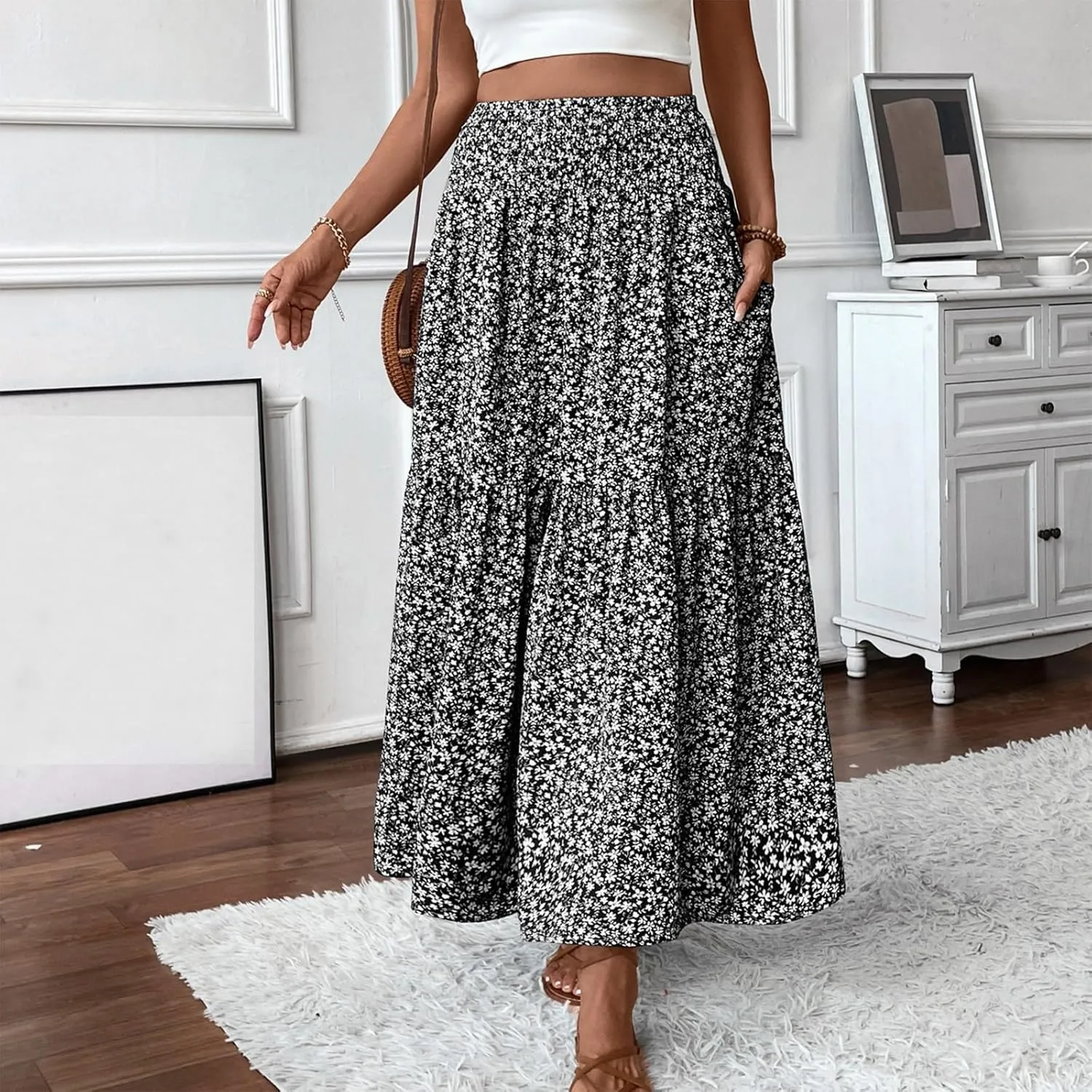 Maxi Floral Skirts for Women Smocked High Waisted Ruffle Tiered Summer Skirt with Pockets Beach Skirt for Vacation