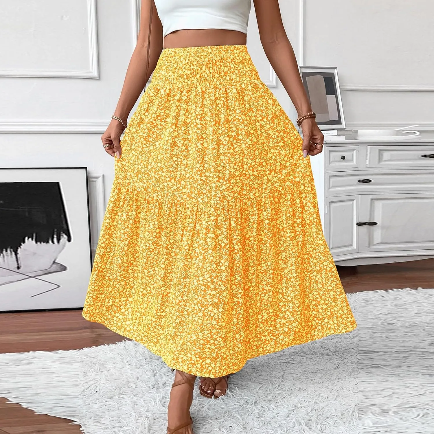 Maxi Floral Skirts for Women Smocked High Waisted Ruffle Tiered Summer Skirt with Pockets Beach Skirt for Vacation