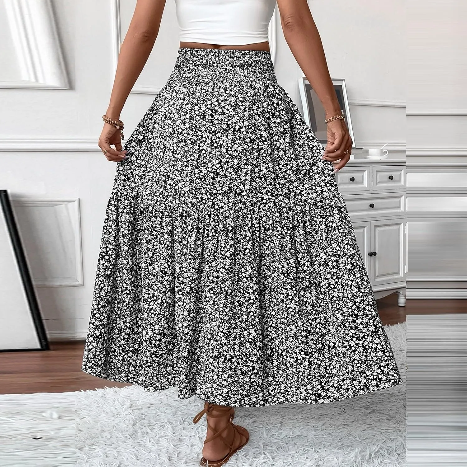 Maxi Floral Skirts for Women Smocked High Waisted Ruffle Tiered Summer Skirt with Pockets Beach Skirt for Vacation