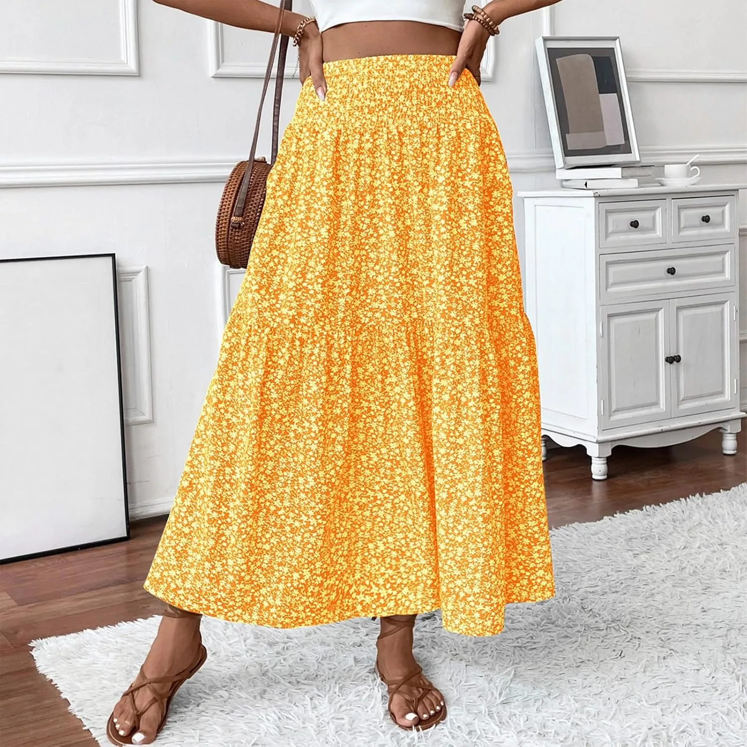 Maxi Floral Skirts for Women Smocked High Waisted Ruffle Tiered Summer Skirt with Pockets Beach Skirt for Vacation