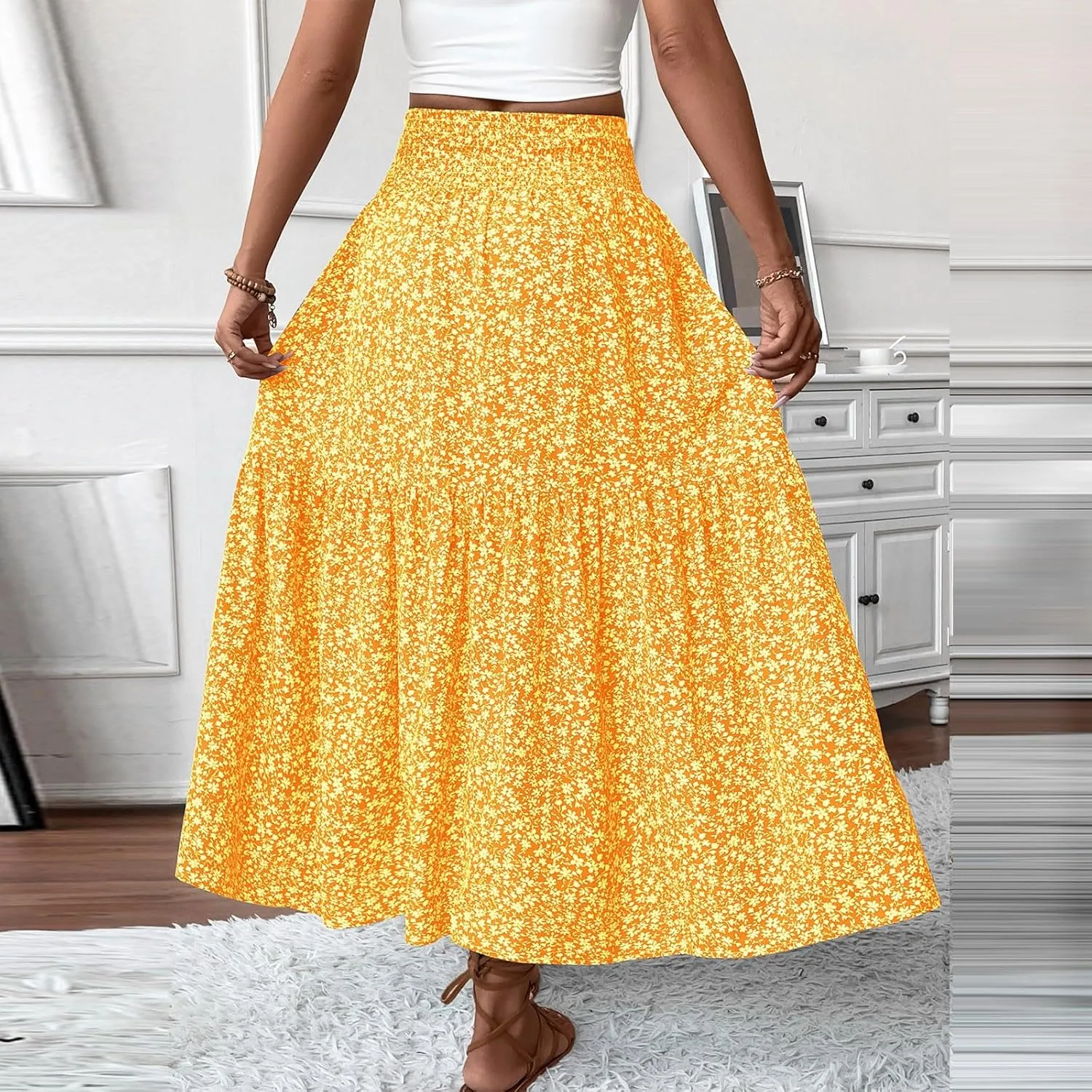 Maxi Floral Skirts for Women Smocked High Waisted Ruffle Tiered Summer Skirt with Pockets Beach Skirt for Vacation