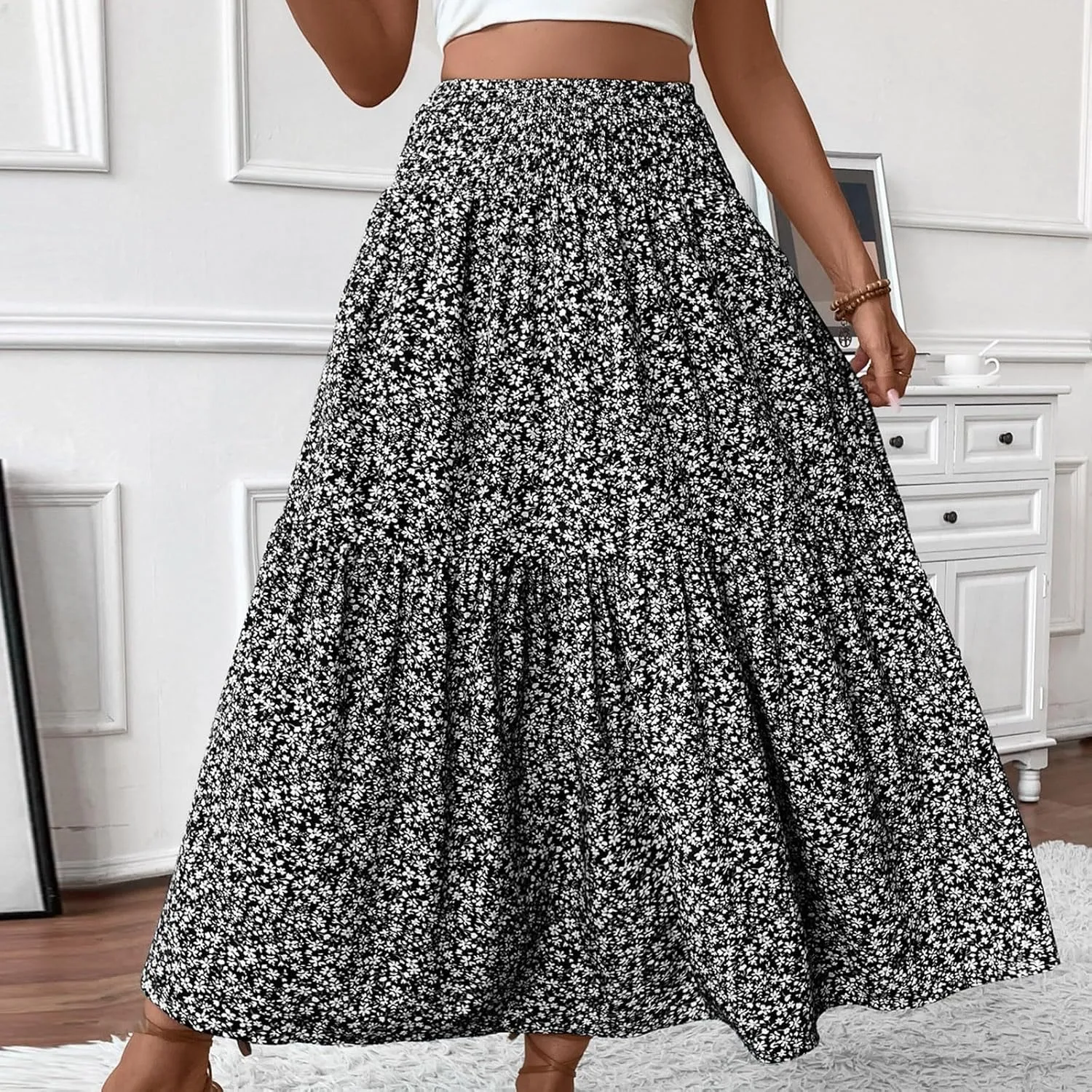 Maxi Floral Skirts for Women Smocked High Waisted Ruffle Tiered Summer Skirt with Pockets Beach Skirt for Vacation