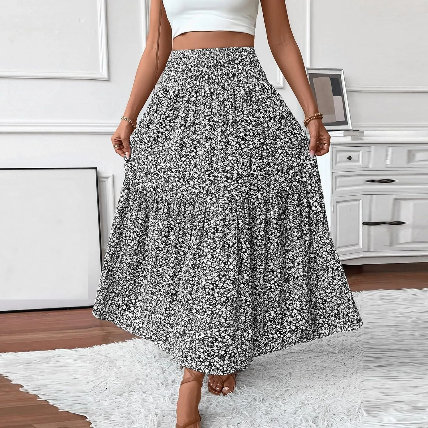 Maxi Floral Skirts for Women Smocked High Waisted Ruffle Tiered Summer Skirt with Pockets Beach Skirt for Vacation