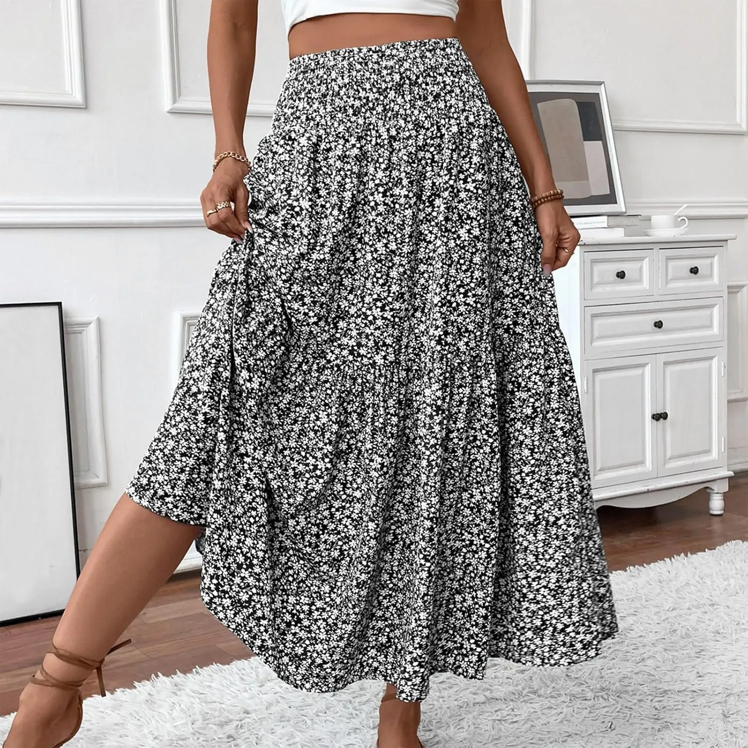 Maxi Floral Skirts for Women Smocked High Waisted Ruffle Tiered Summer Skirt with Pockets Beach Skirt for Vacation