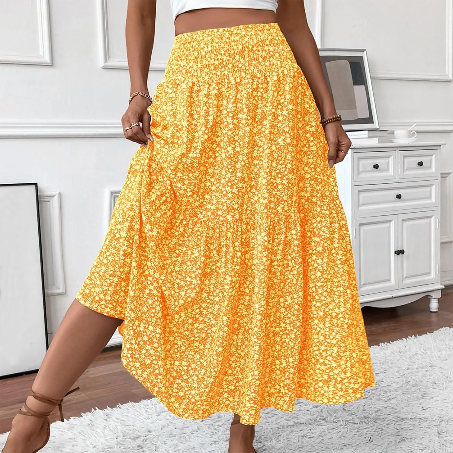 Maxi Floral Skirts for Women Smocked High Waisted Ruffle Tiered Summer Skirt with Pockets Beach Skirt for Vacation