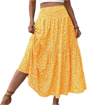 Maxi Floral Skirts for Women Smocked High Waisted Ruffle Tiered Summer Skirt with Pockets Beach Skirt for Vacation