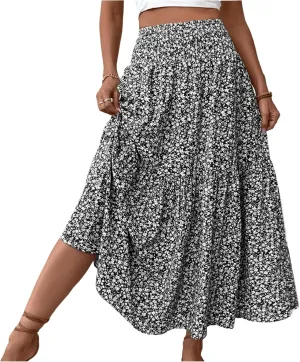 Maxi Floral Skirts for Women Smocked High Waisted Ruffle Tiered Summer Skirt with Pockets Beach Skirt for Vacation