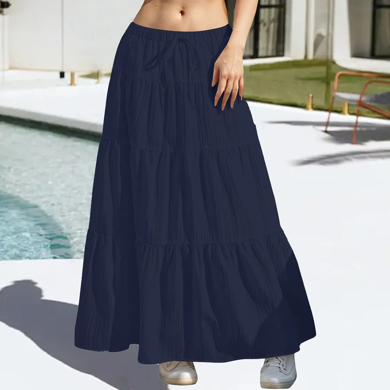 Maxi Skirt for Women 2025 Vacation Boho Flowy Swing Tiered A-Line Maxi Skirts Elastic Waist Pleated Long Beach Dress
