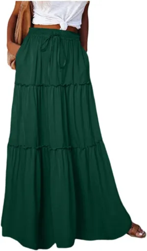 Maxi Skirt for Women 2025 Vacation Summer Tiered High Waisted Skirt Pleated Aline Work Flowy Long Skirts with Pockets