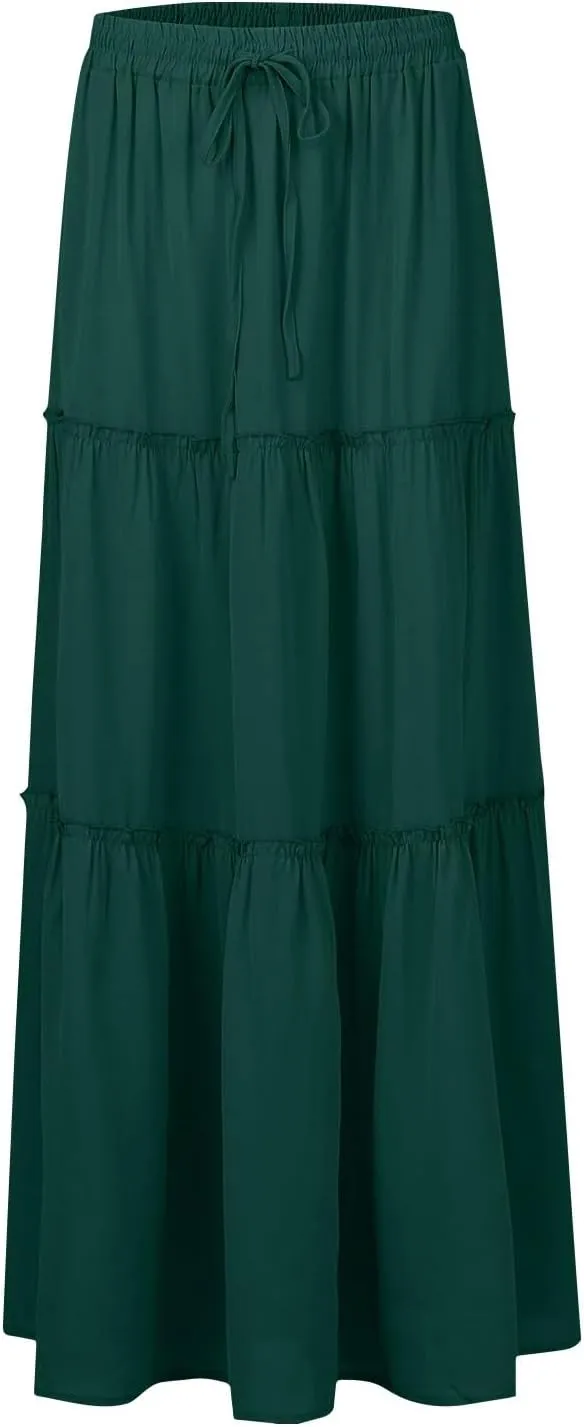 Maxi Skirt for Women 2025 Vacation Summer Tiered High Waisted Skirt Pleated Aline Work Flowy Long Skirts with Pockets