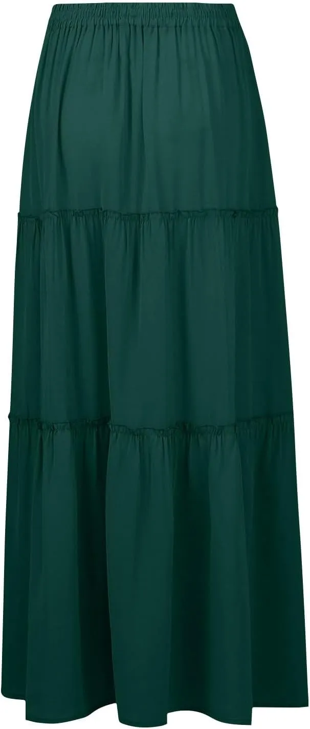Maxi Skirt for Women 2025 Vacation Summer Tiered High Waisted Skirt Pleated Aline Work Flowy Long Skirts with Pockets