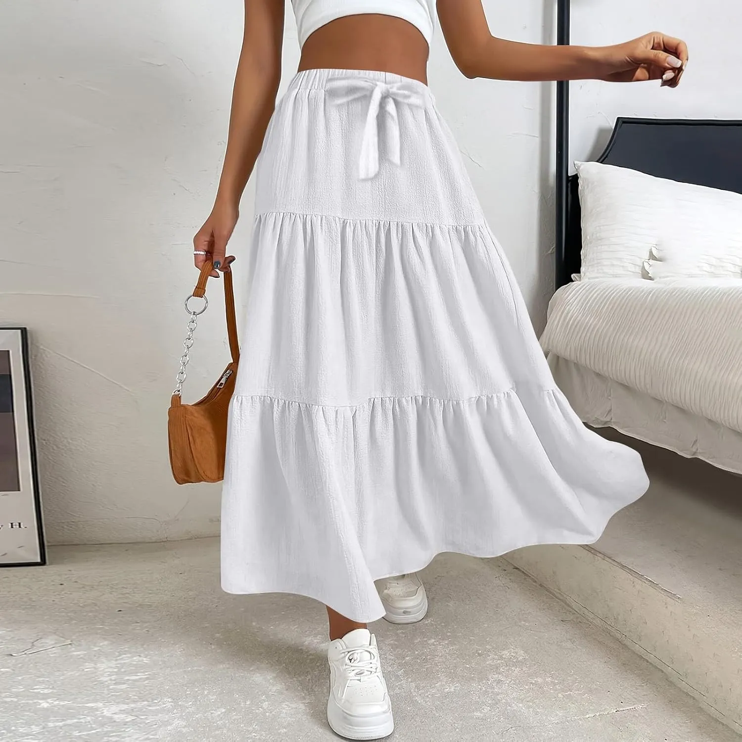 Maxi Skirt for Women Summer Drawstring High Waisted Aline Skirts Swing Tiered Ruffle Long Beach Skirt (S-2Xl)