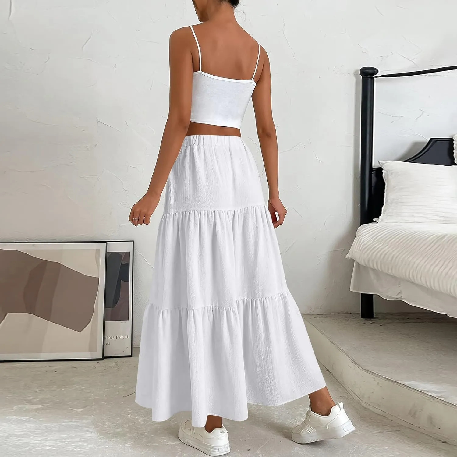 Maxi Skirt for Women Summer Drawstring High Waisted Aline Skirts Swing Tiered Ruffle Long Beach Skirt (S-2Xl)