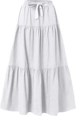 Maxi Skirt for Women Summer Drawstring High Waisted Aline Skirts Swing Tiered Ruffle Long Beach Skirt (S-2Xl)