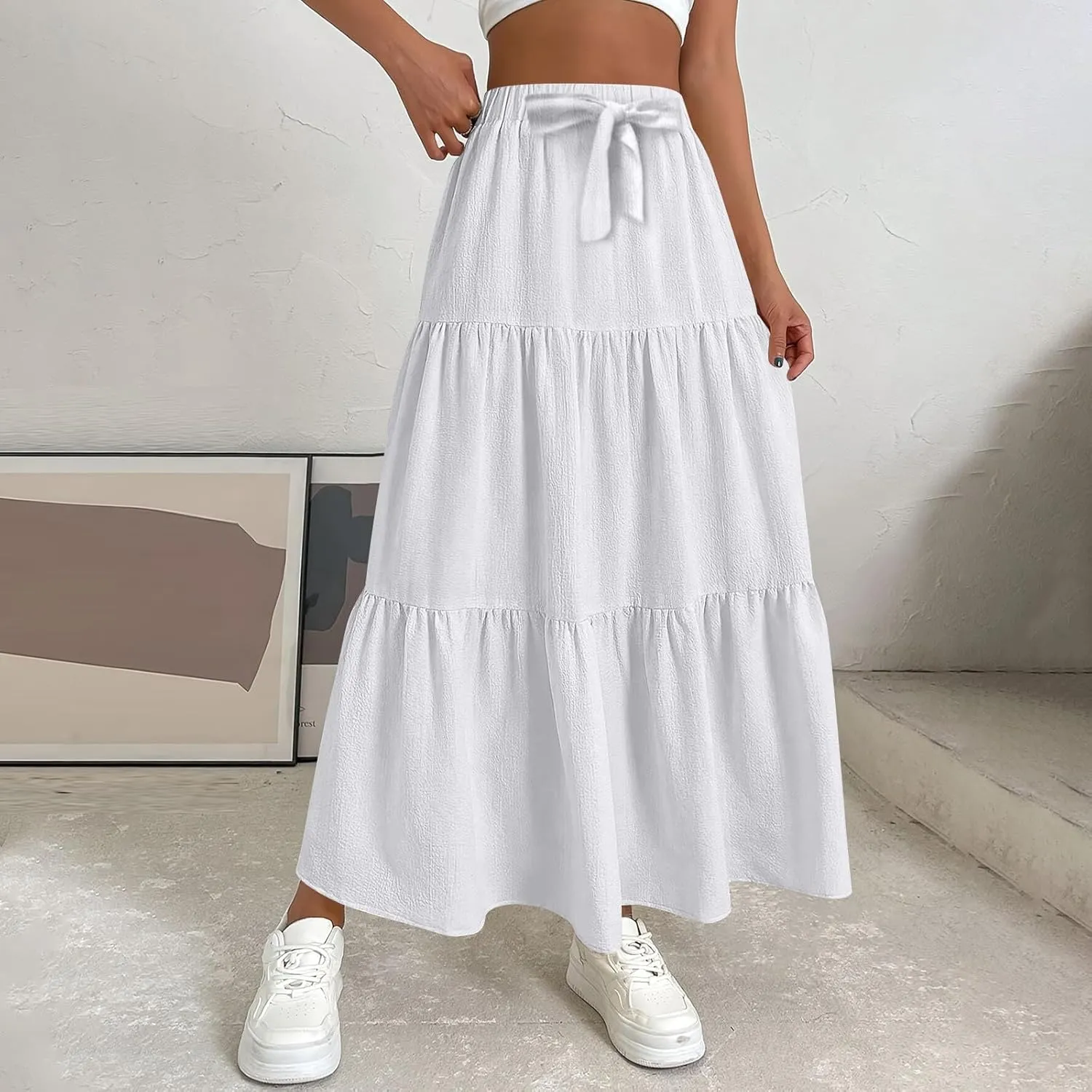 Maxi Skirt for Women Summer Drawstring High Waisted Aline Skirts Swing Tiered Ruffle Long Beach Skirt (S-2Xl)