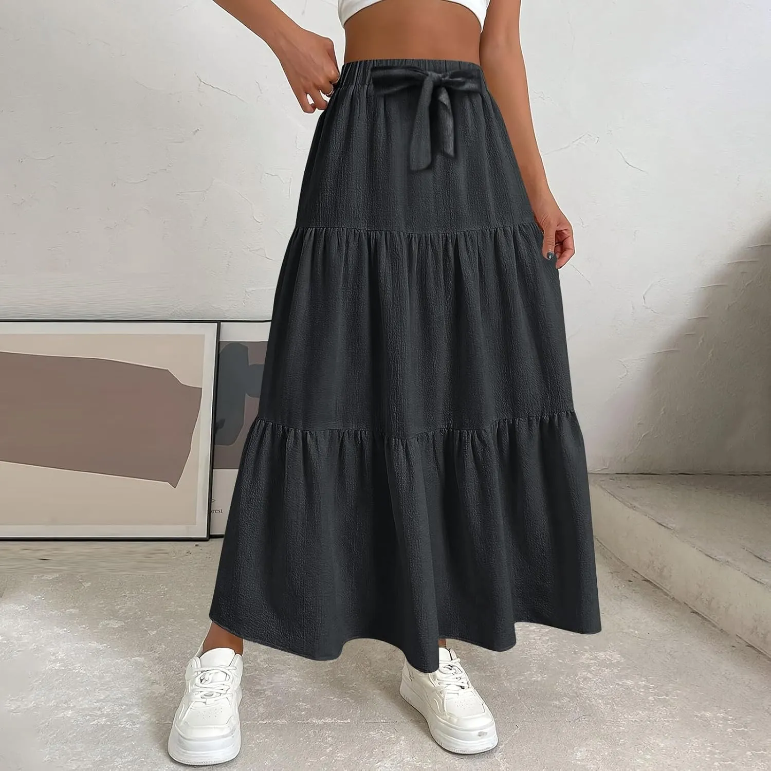 Maxi Skirts for Women 2025 Fashion Boho Long Skirt Summer Beach Swing Ruffle Tiered A-Line Pleated Elastic Waist
