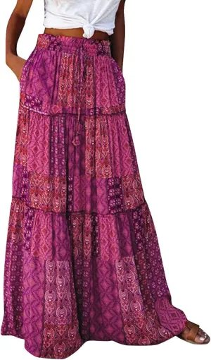 Maxi Skirts for Women Beach Boho Skirts Flowy Swing High Waisted Ruffle Tiered Summer Floral Skort with Pockets