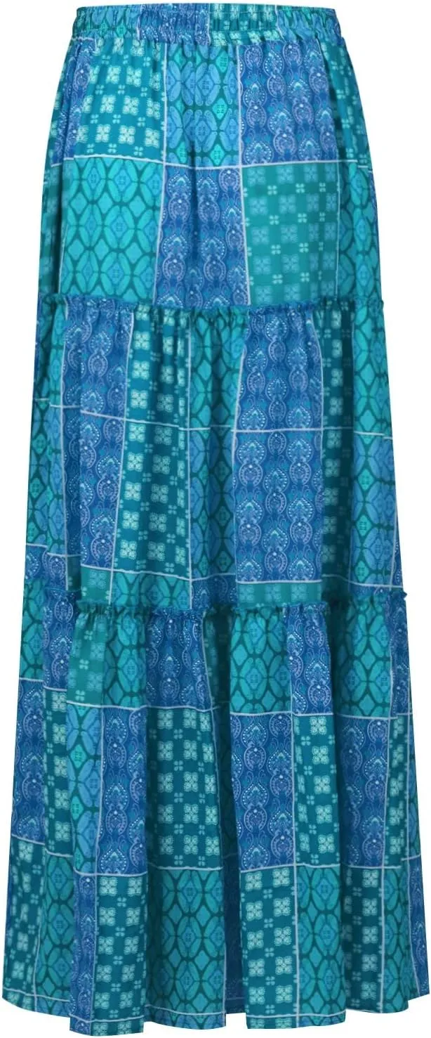 Maxi Skirts for Women Beach Boho Skirts Flowy Swing High Waisted Ruffle Tiered Summer Floral Skort with Pockets