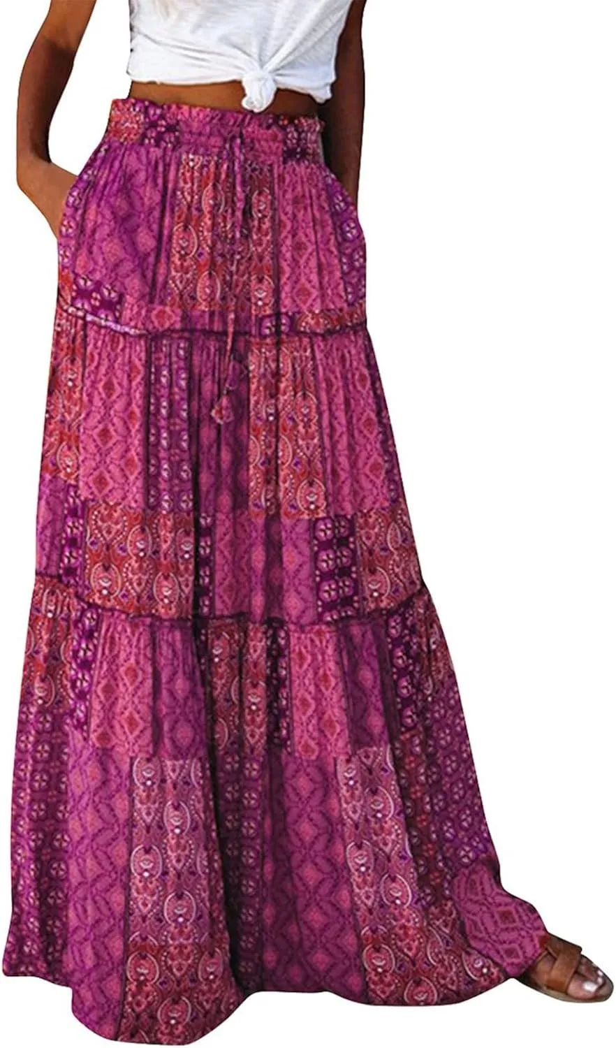 Maxi Skirts for Women Beach Boho Skirts Flowy Swing High Waisted Ruffle Tiered Summer Floral Skort with Pockets